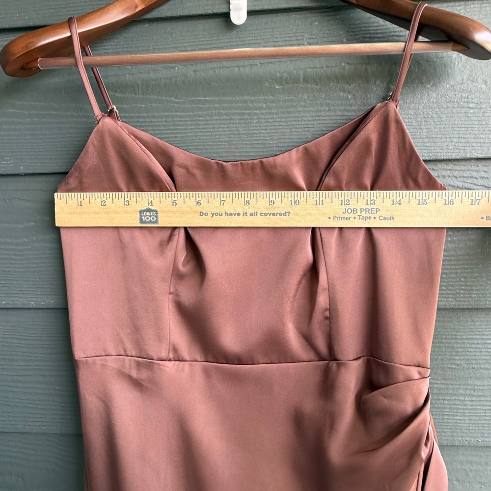 Birdy Grey Bronze Brown Satin Formal Maxi Dress Ruched Slip Gown Large - Picture 8 of 9